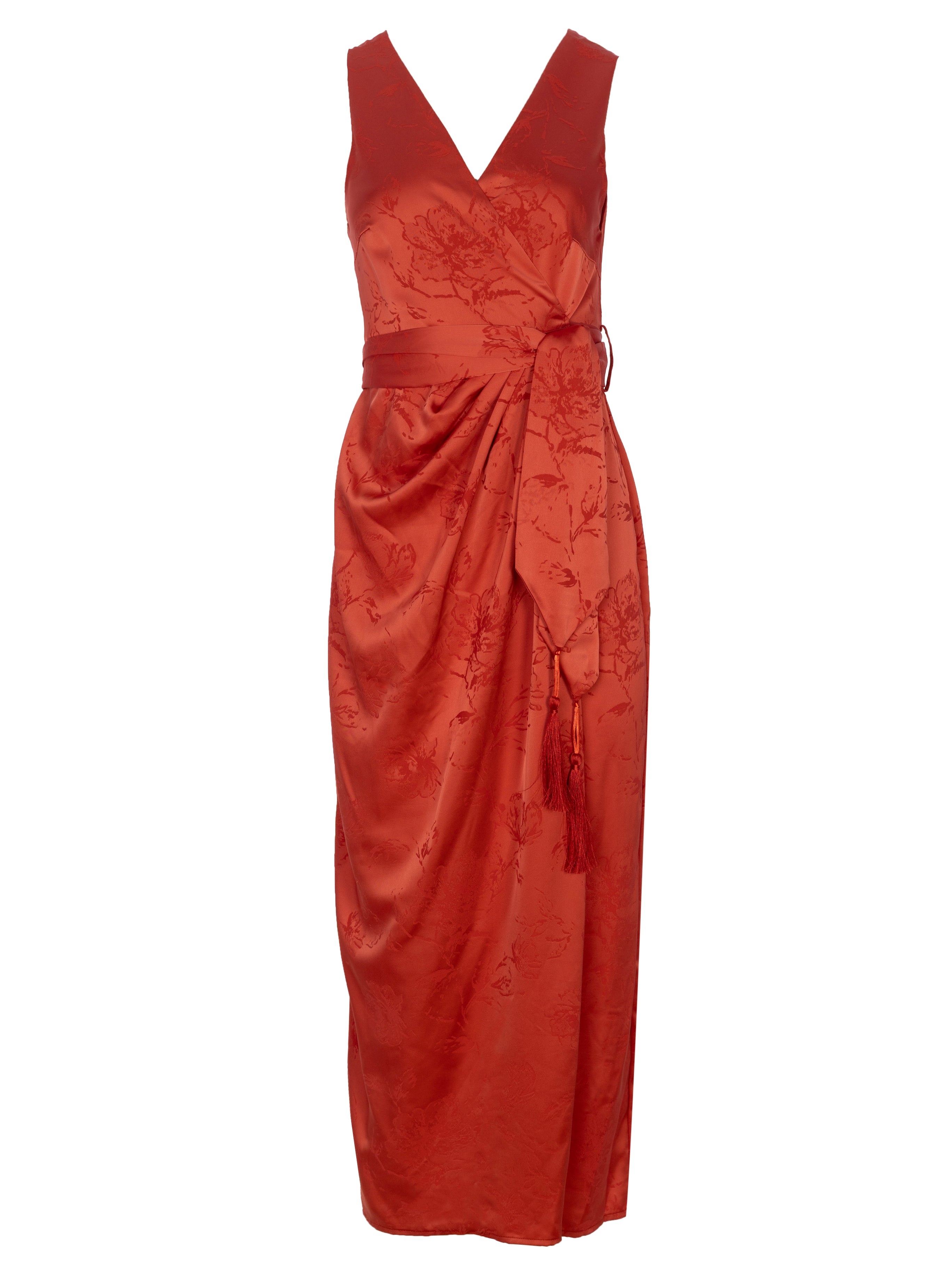 ARIEL CORAL - Vestido Wrap Jacquard Floral Coral Midi, perfecto para invitadas de boda y fiesta spring summer. MIOH es la marca española de vestidos de fiesta para invitadas de boda más de moda en España