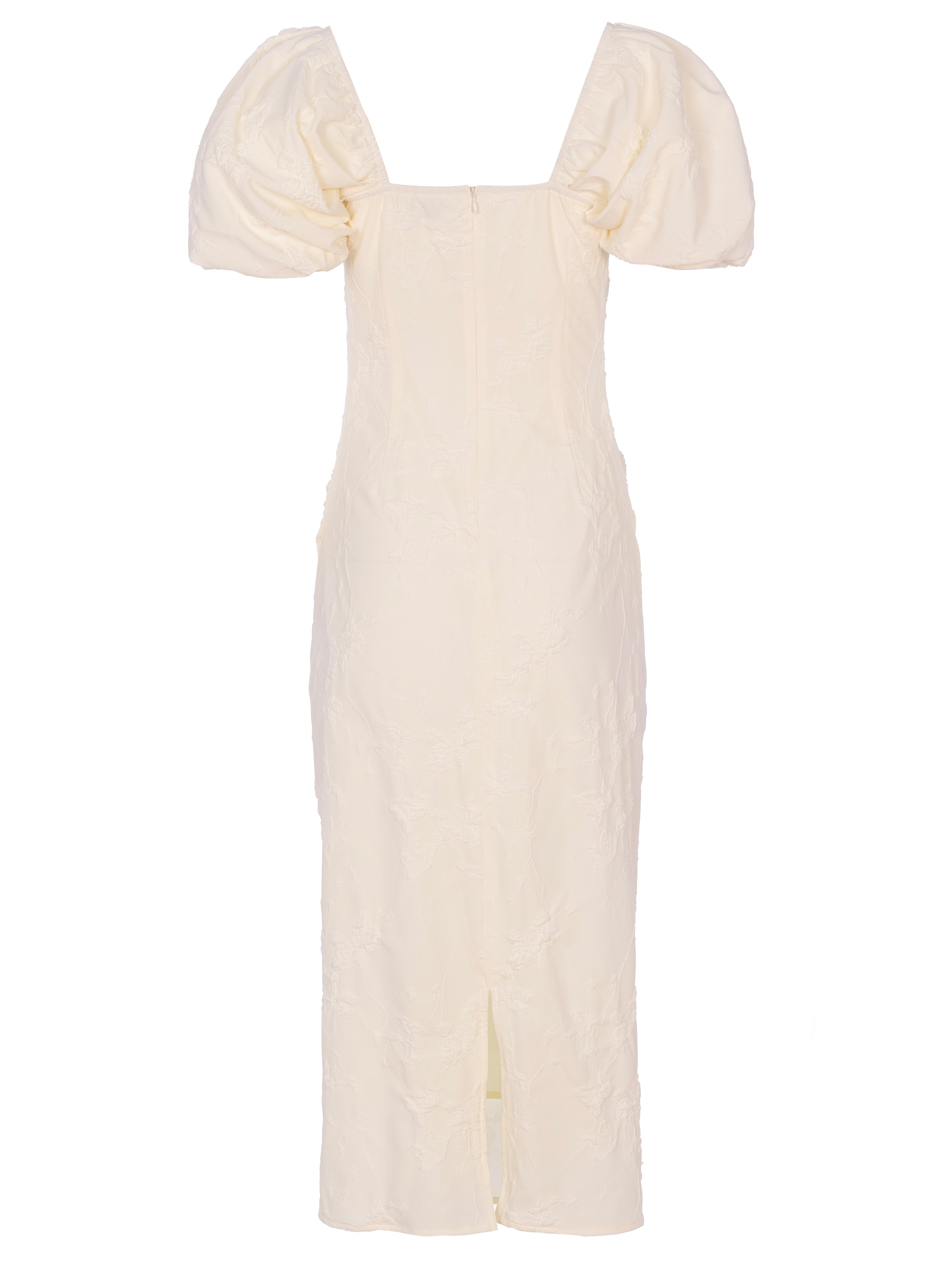 CAPULETO WHITE - Vestido escote cuadrado manga farol damasco blanco, perfecto para invitadas de boda y fiesta spring summer. MIOH es la marca de vestidos de invitada de boda y fiesta de referencia en España