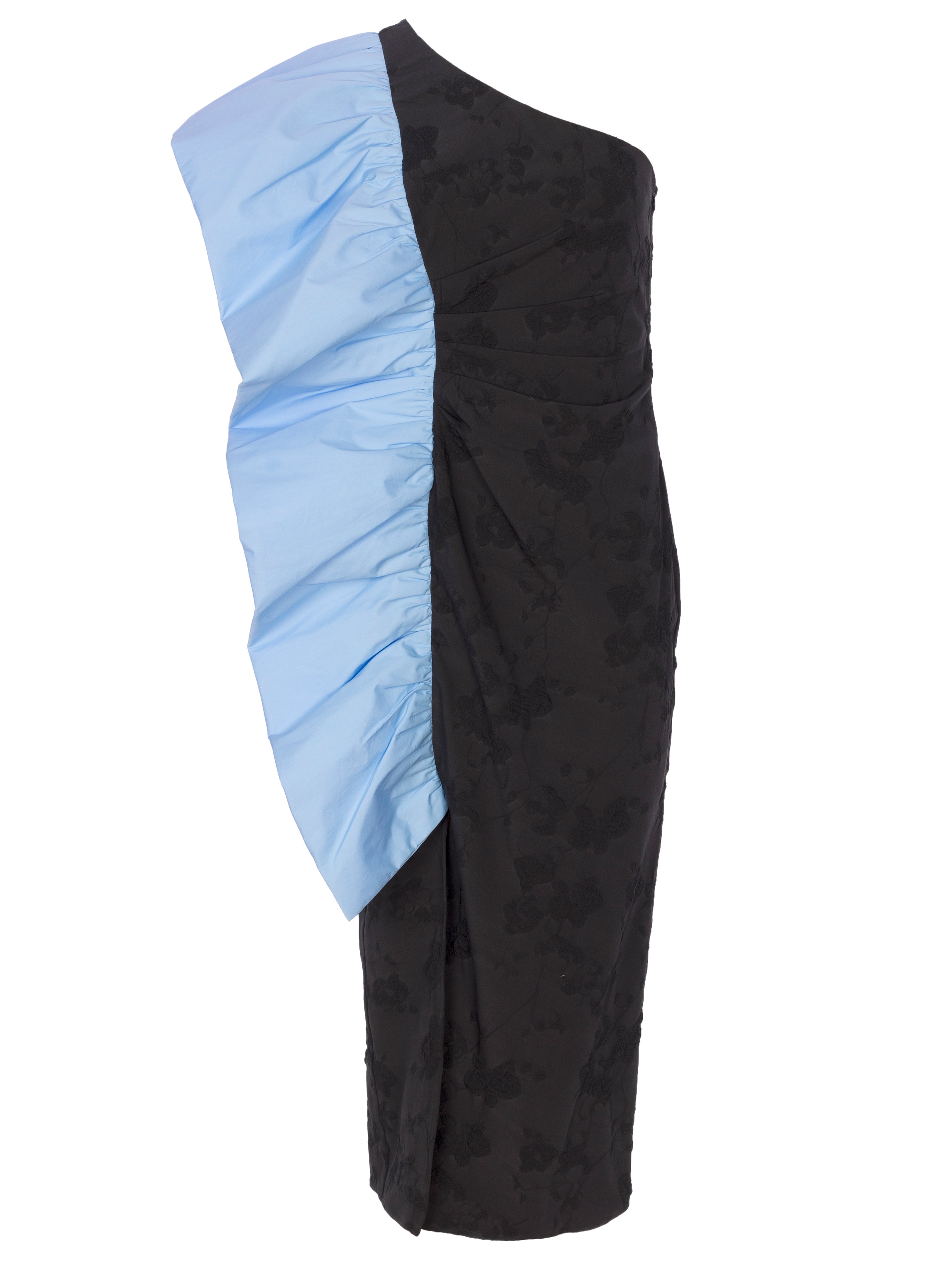 MALCOM BLACK - Vestido negro damasco azul, con volante estructurado, perfecto para invitadas de boda y fiesta spring summer. MIOH es la marca que eligen las influencers de España para sus eventos, como bodas y fiestas