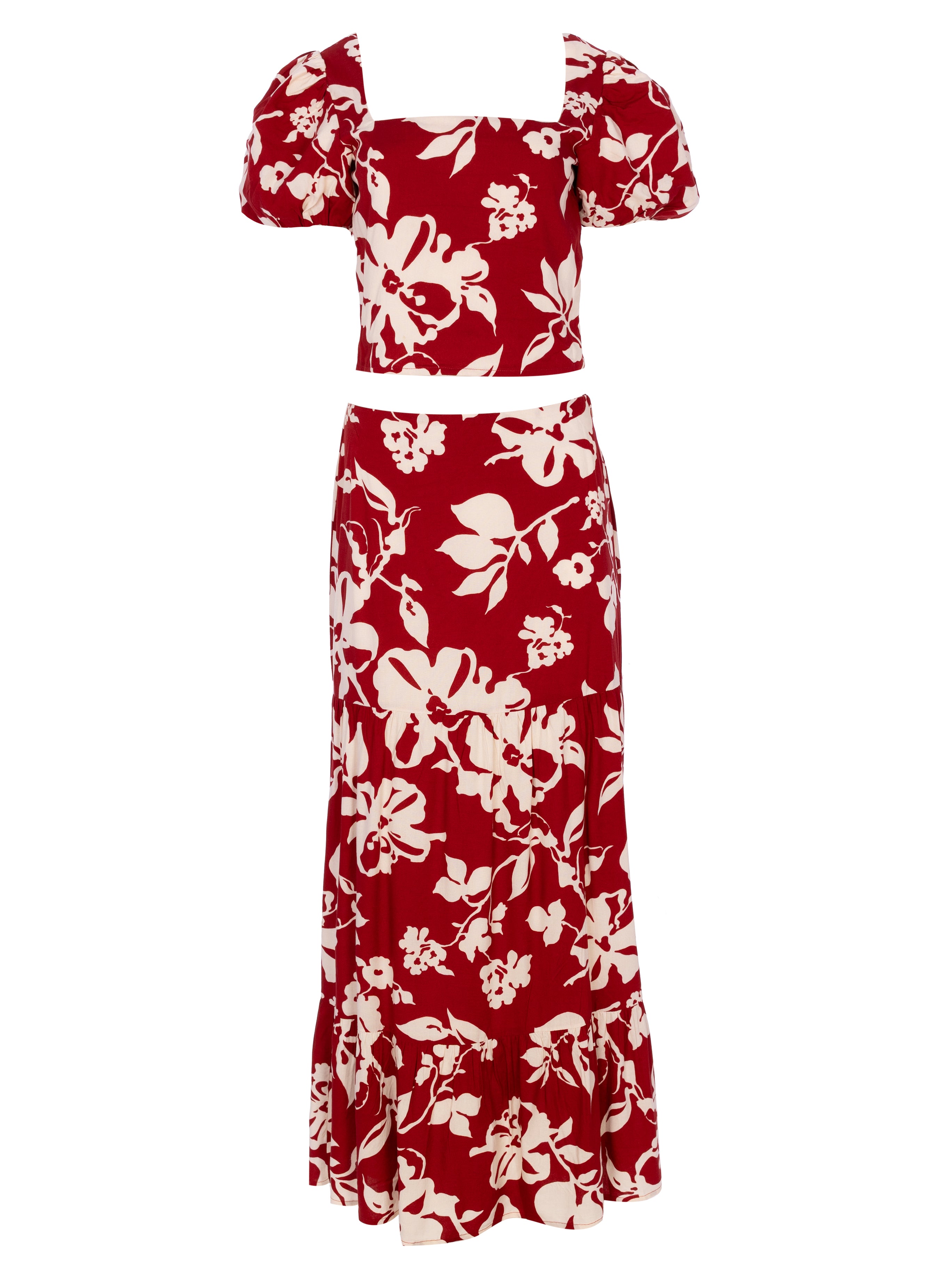 MARGARET RED - Conjunto rojo con flores blancas, para invitadas de boda, fiesta y eventos de primvera y verano. MIOH es la marca de vestidos de invitada de boda y fiesta de referencia en España