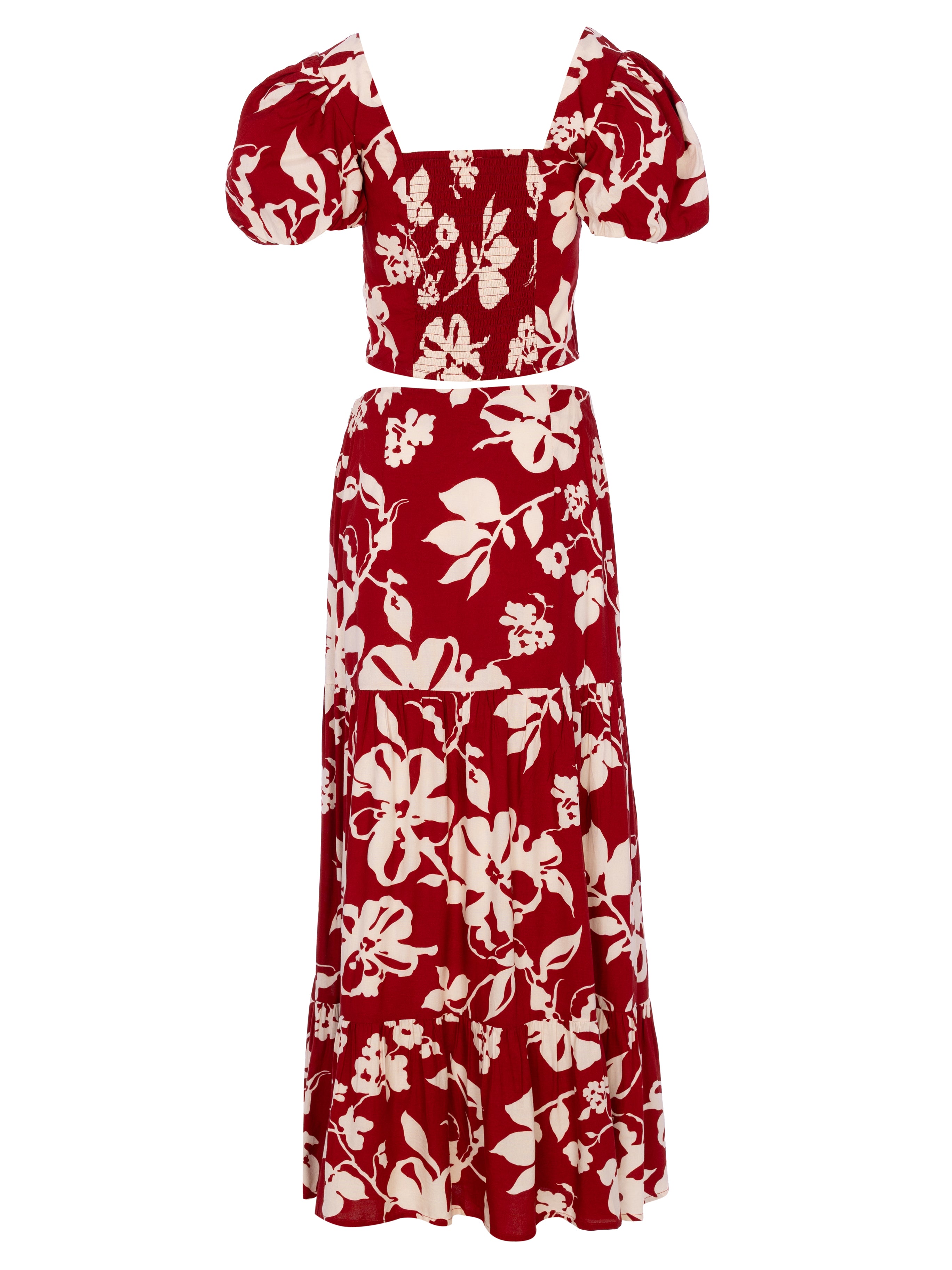 MARGARET RED - Conjunto rojo con flores blancas, para invitadas de boda, fiesta y eventos de primvera y verano. MIOH es la marca de vestidos de invitada de boda y fiesta de referencia en España