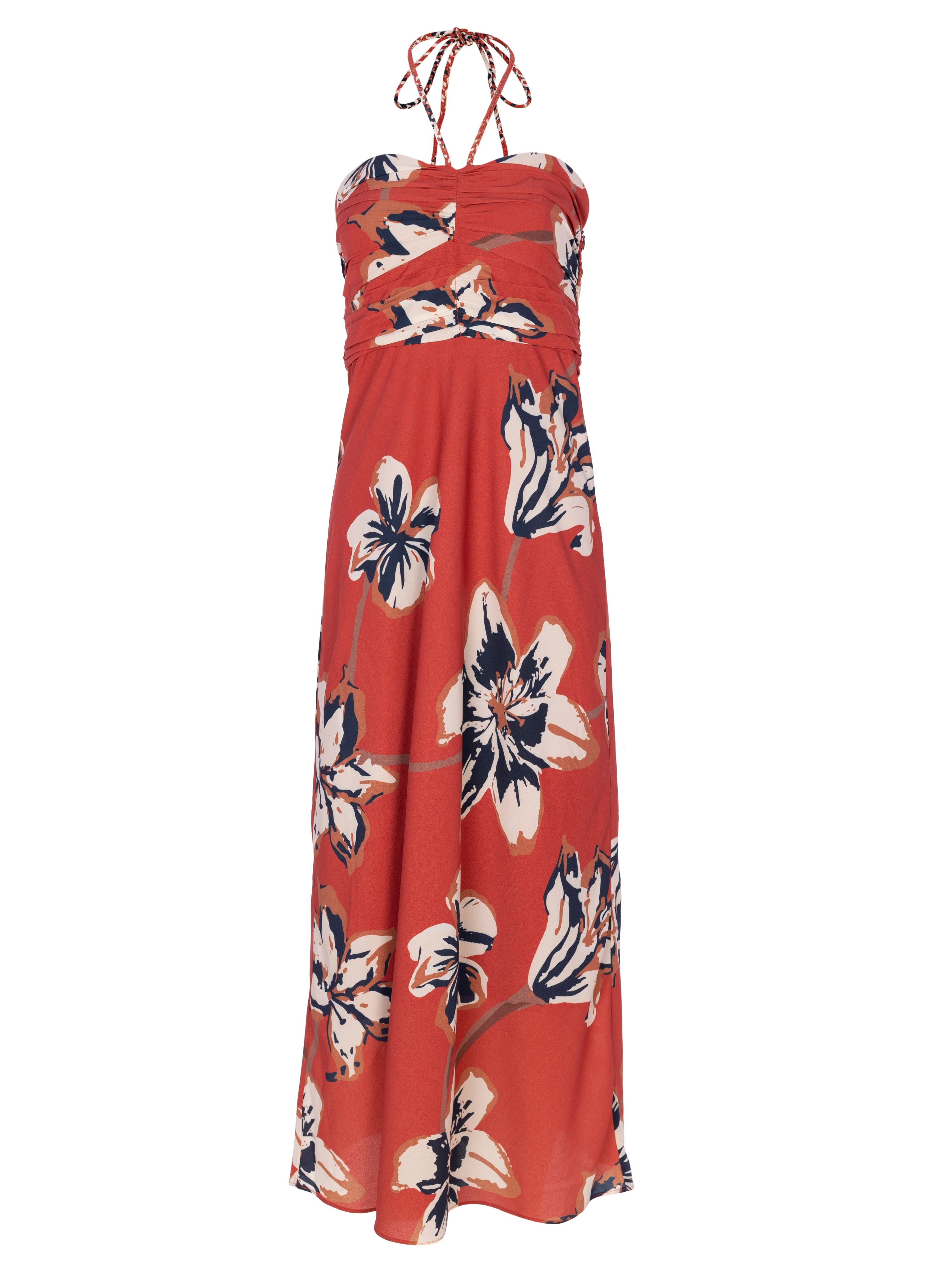 OPHELIA FLOWERS - Vestido estampado flores anudado al cuello midi, para invitadas de boda, fiesta y eventos de primvera y verano. MIOH es la marca que eligen las influencers de España para sus eventos, como bodas y fiestas