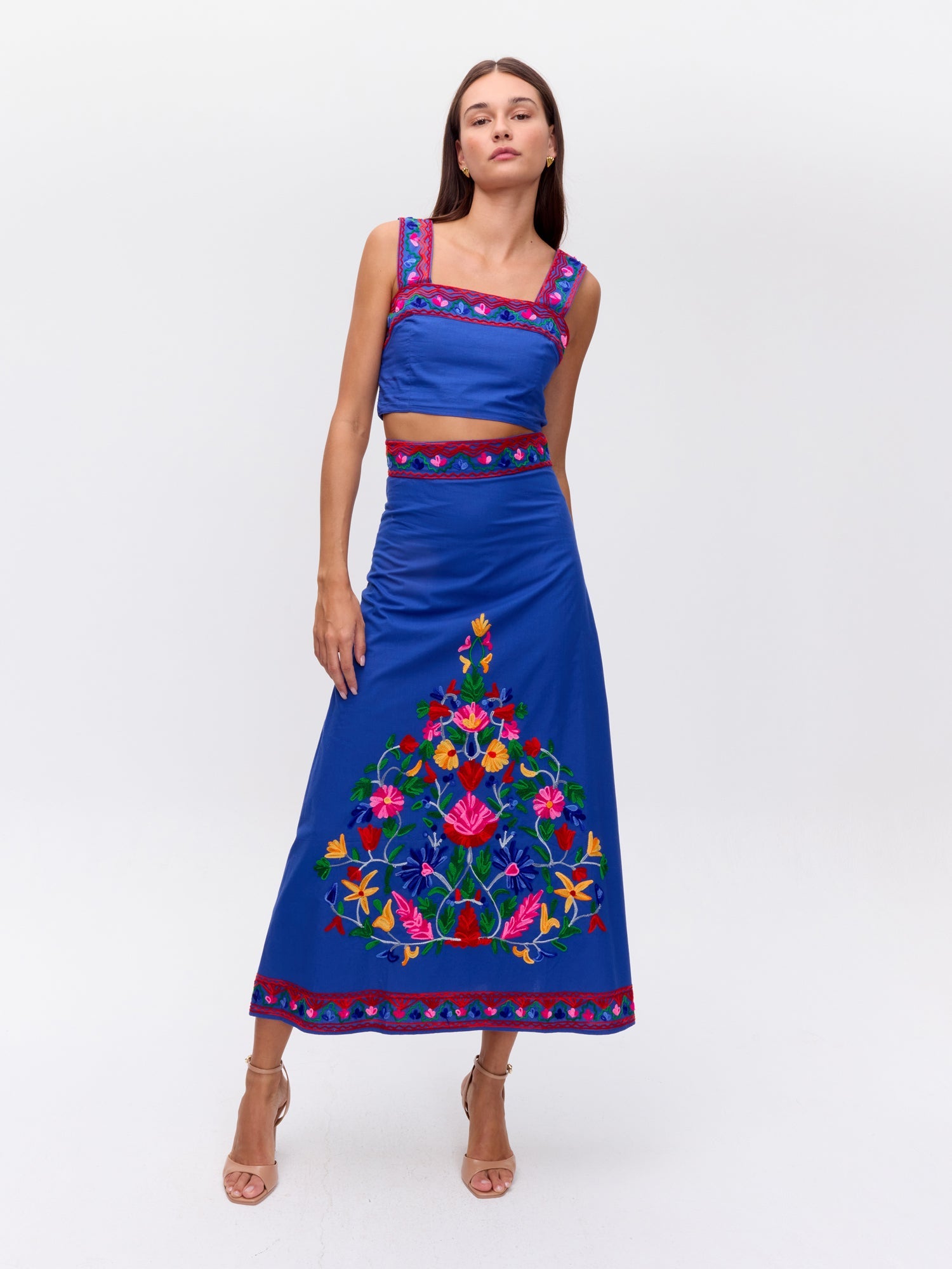 MIOH | CACAO SKIRT BLUE - Falda midi bordada azul para invitada de boda