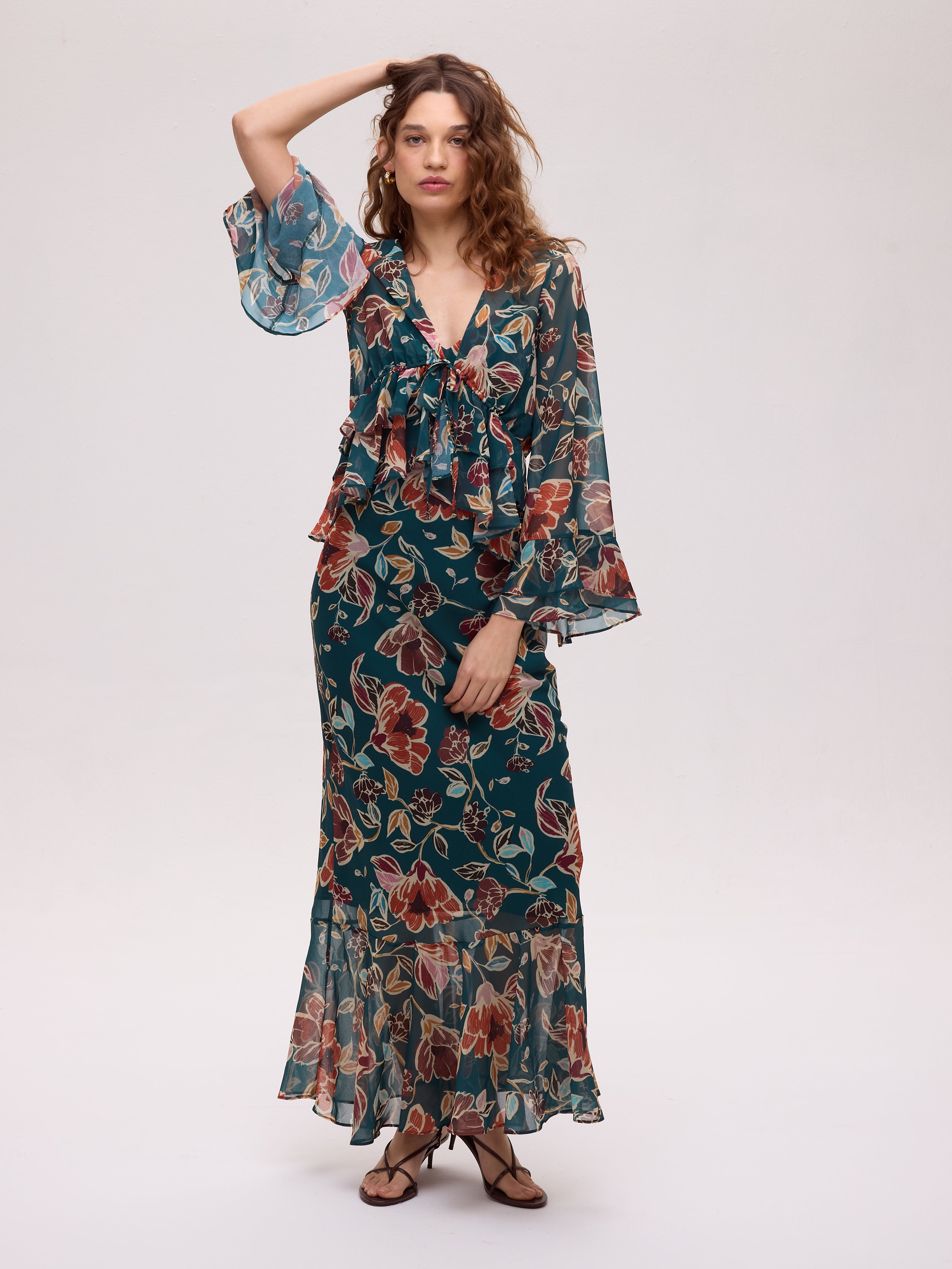 GRAZIA FLOWERS - Vestido y top de gasa estampado floral tirantes, ideal como vestido de fiesta para bodas de tarde, bautizos, comuniones y graduaciones. Moda de invitada hecha en España