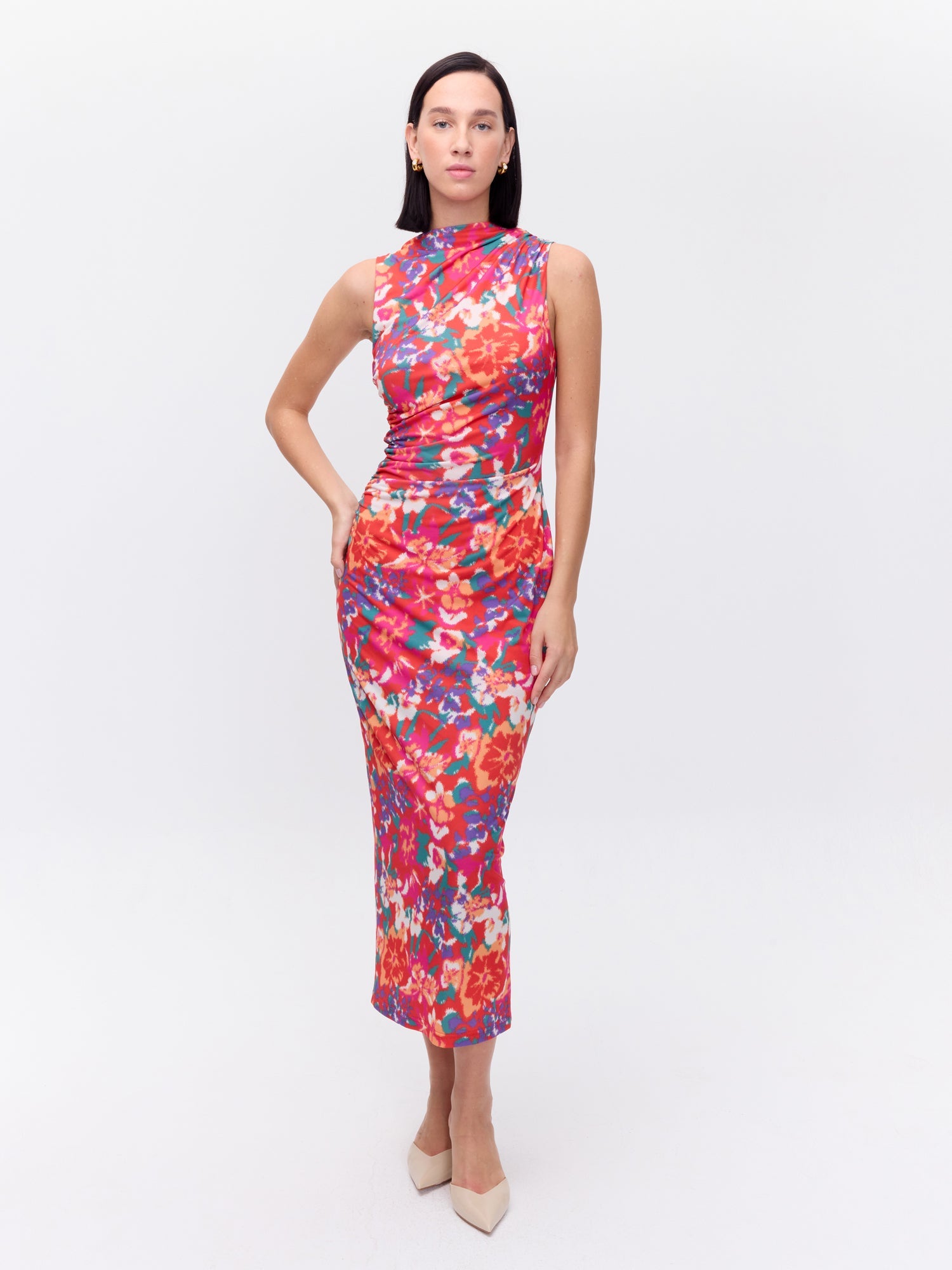 MIOH | VIBRANT FLOWERS - Vestido drapeado manga desmontable flower print para invitada de boda