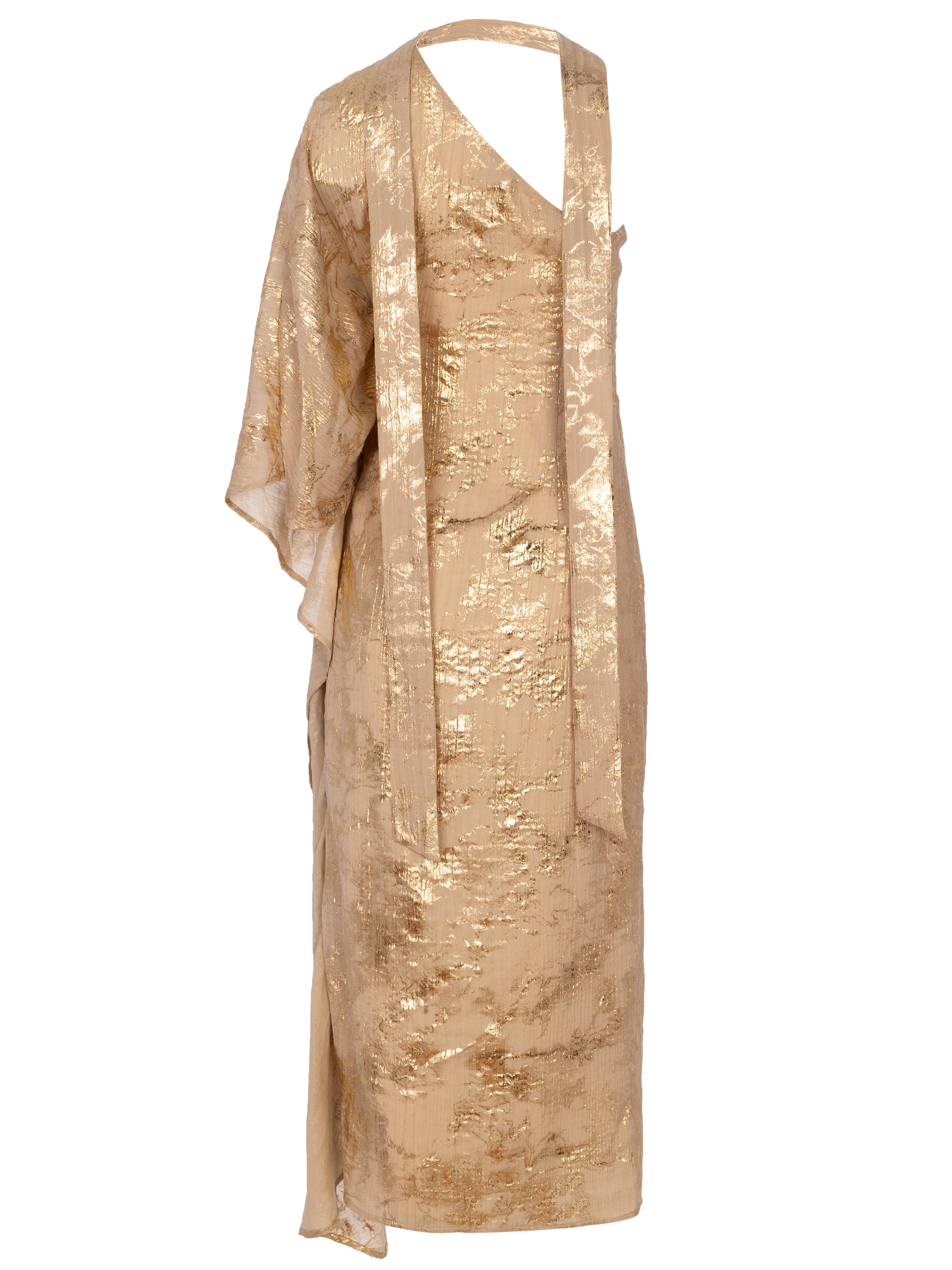 AARON - Vestido asimétrico manga capa nude con lurex, perfecto para invitadas de boda y fiesta spring summer. MIOH es la marca de vestidos de invitada de boda y fiesta de referencia en España