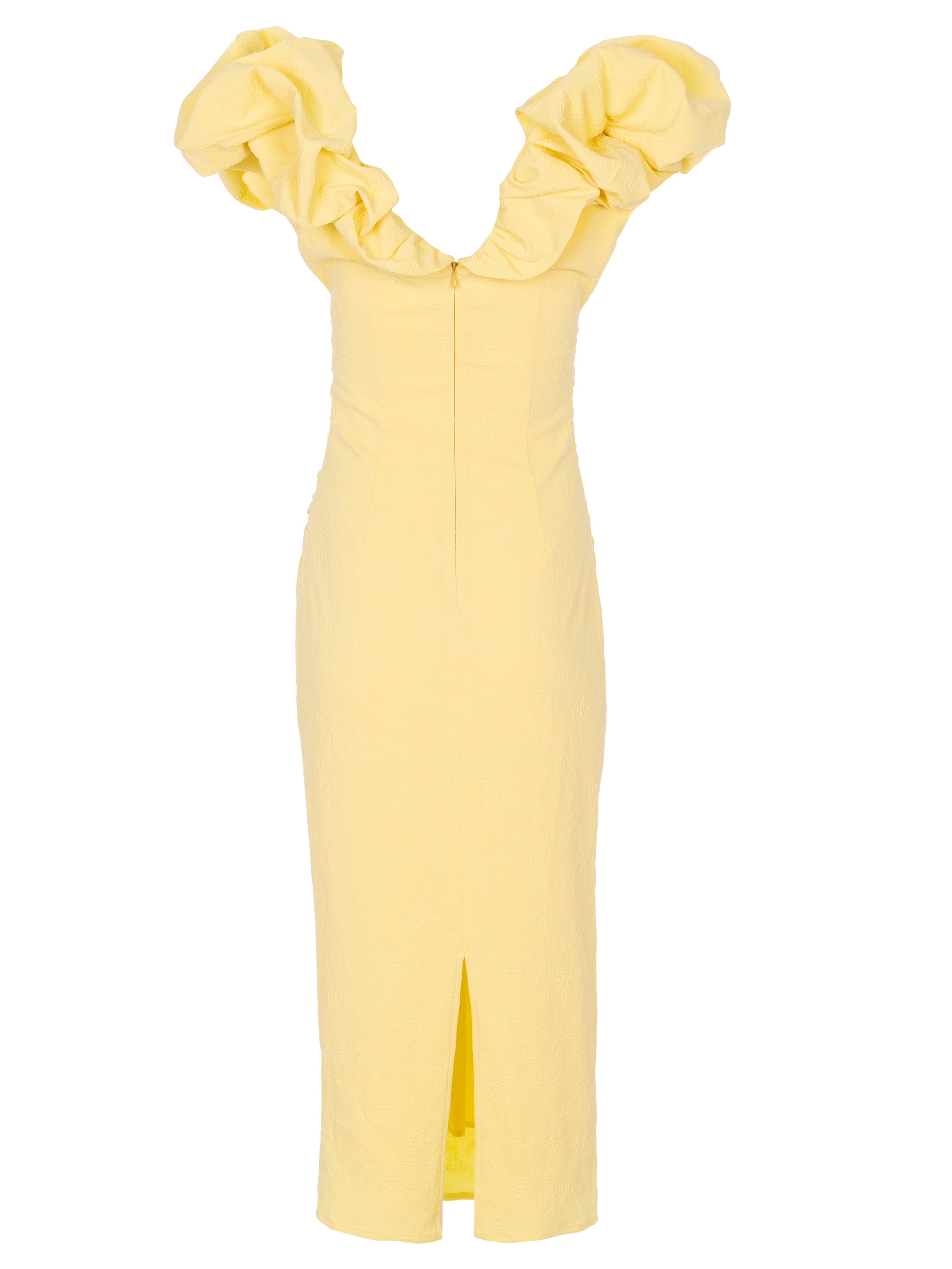 BIANCA BUTTER - Vestido midi volantes amarillo mantequilla, perfecto para invitadas de boda y fiesta spring summer. MIOH es la marca española de vestidos de fiesta para invitadas de boda más de moda en España