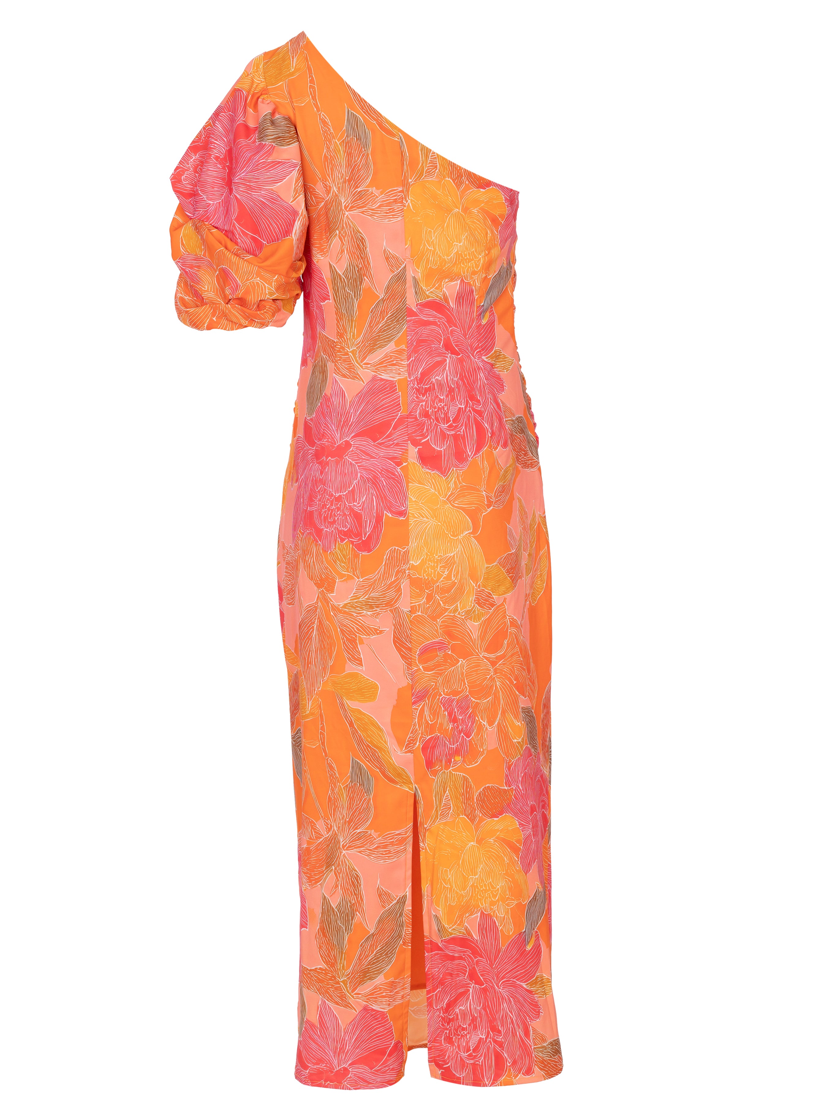 ISABELA FLOWERS - Vestido asimétrico manga abullonada estampado flores, de fiesta e invitada de boda y evento primavera verano. MIOH es la marca de vestidos de invitada de boda y fiesta de referencia en España