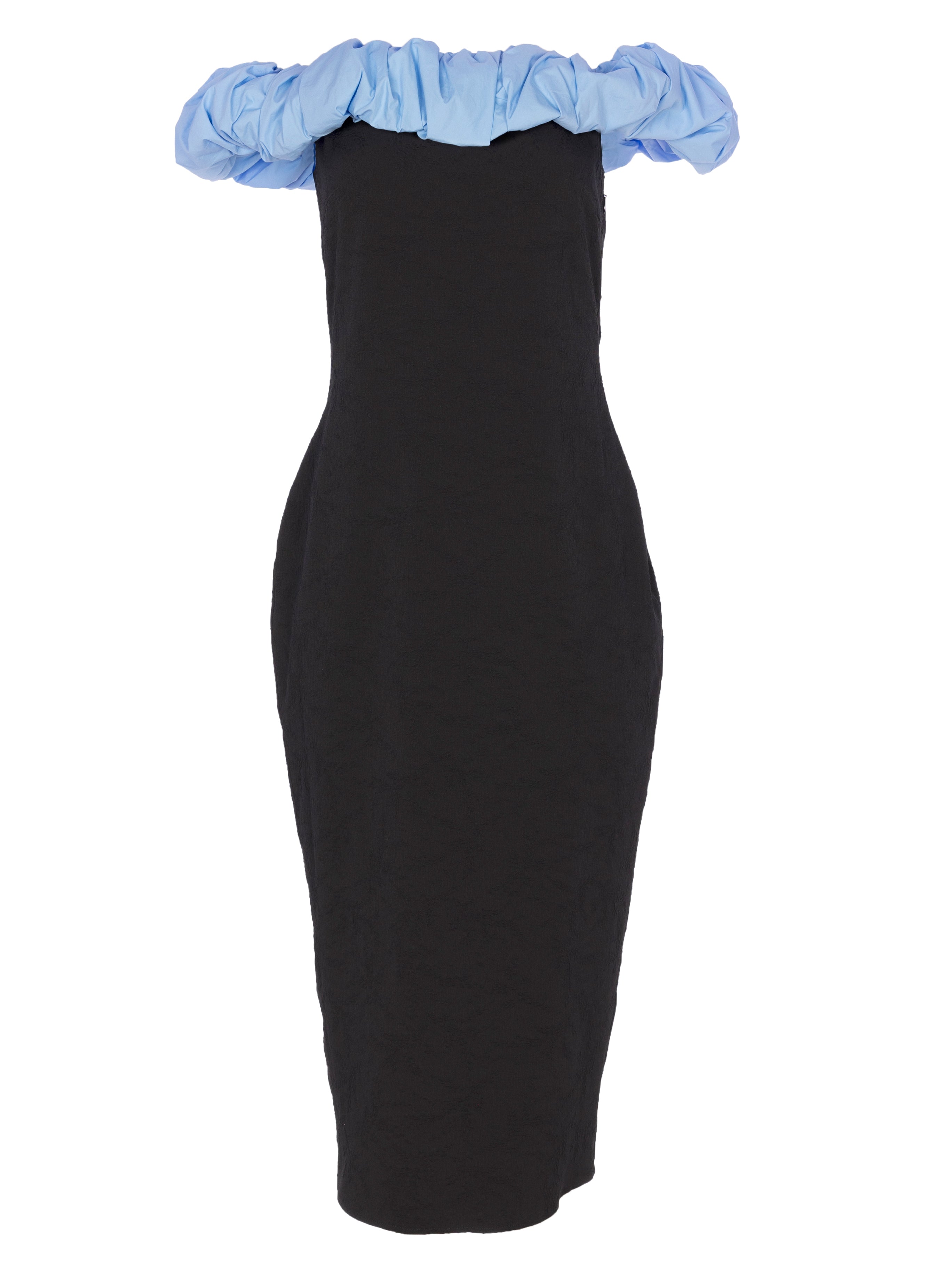 JULIETA BLACK - Vestido damasco bardot volante estructurado, para invitadas de boda, fiesta y eventos de primvera y verano. MIOH es la marca que eligen las influencers de España para sus eventos, como bodas y fiestas