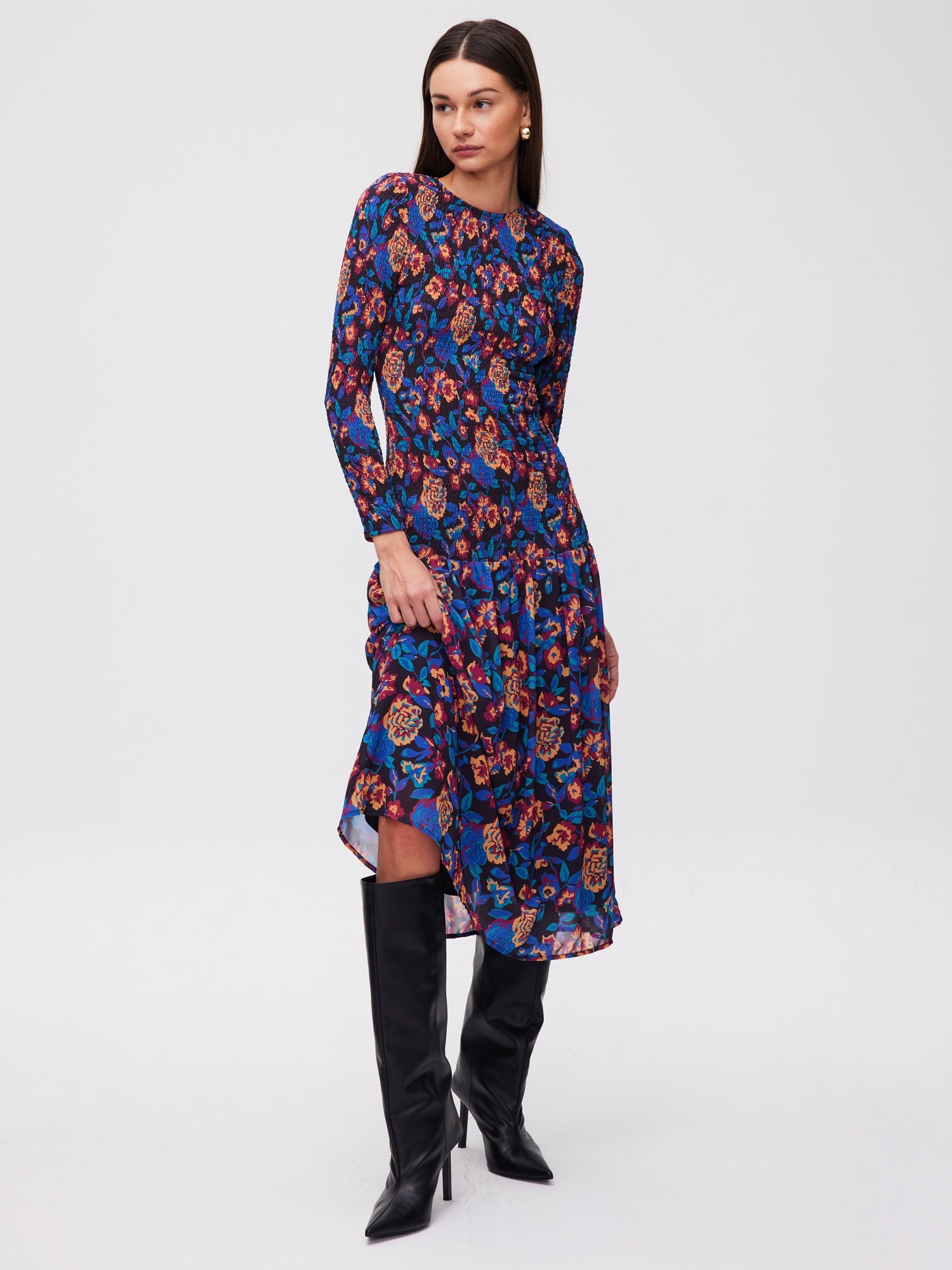 mioh | GARDEN - Vestido midi falda vuelo nido abeja print