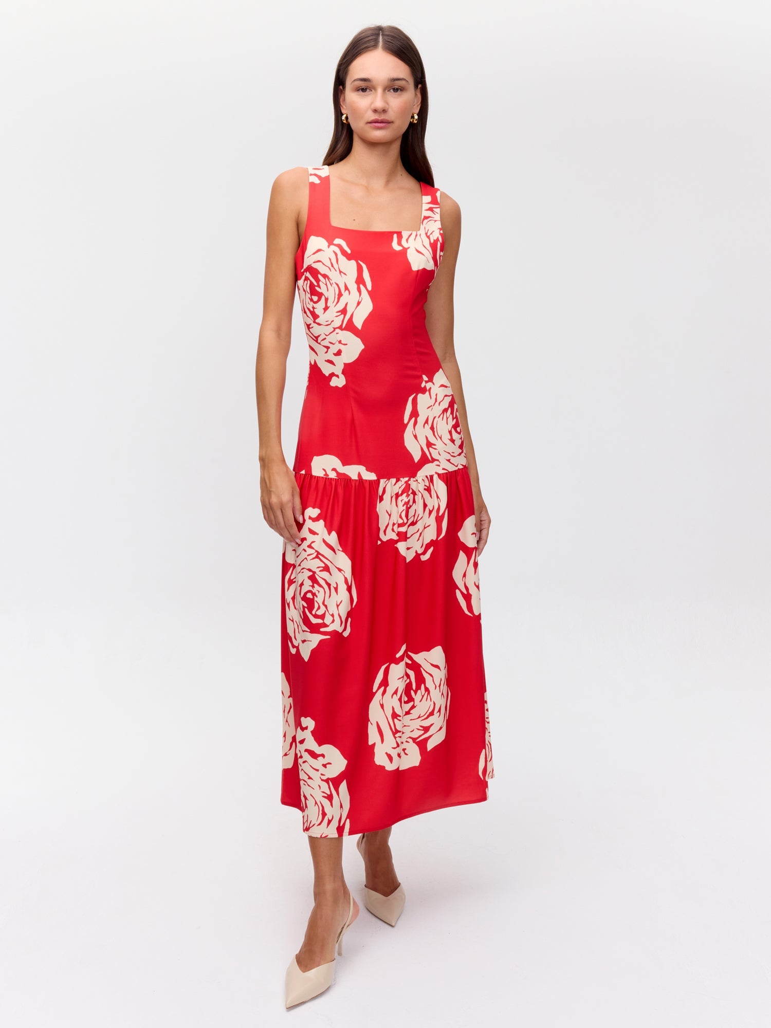 MIOH | NECTAR ROSES - Vestido rojo con volante en falda big roses print para invitada de boda