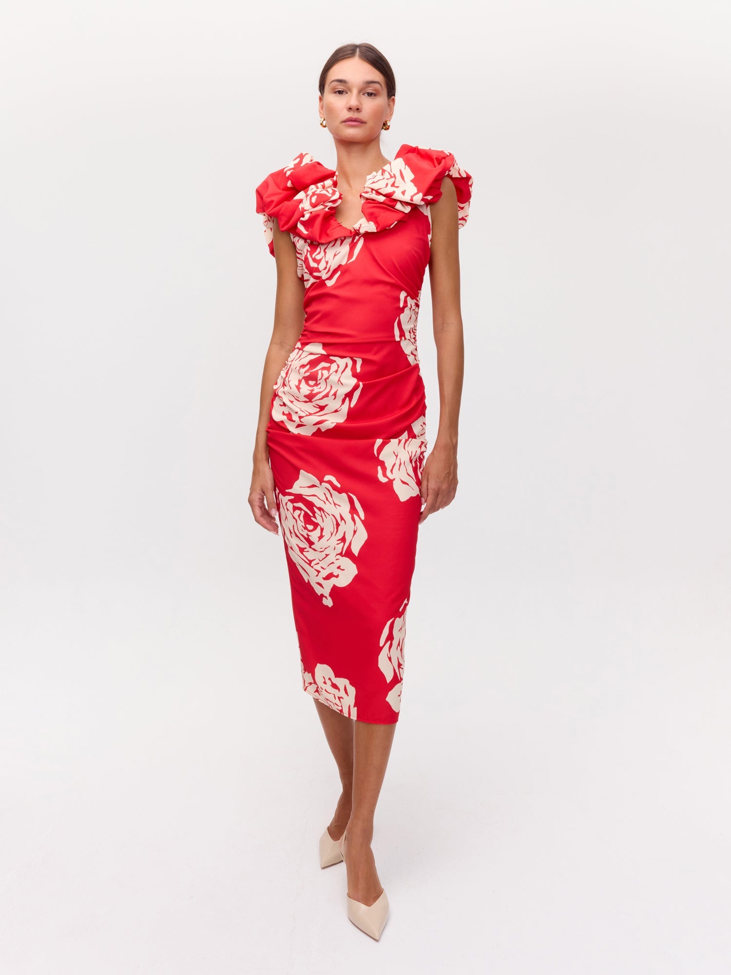 MIOH | PETALO ROSES - Vestido rojo volante escote big roses print para invitada de boda