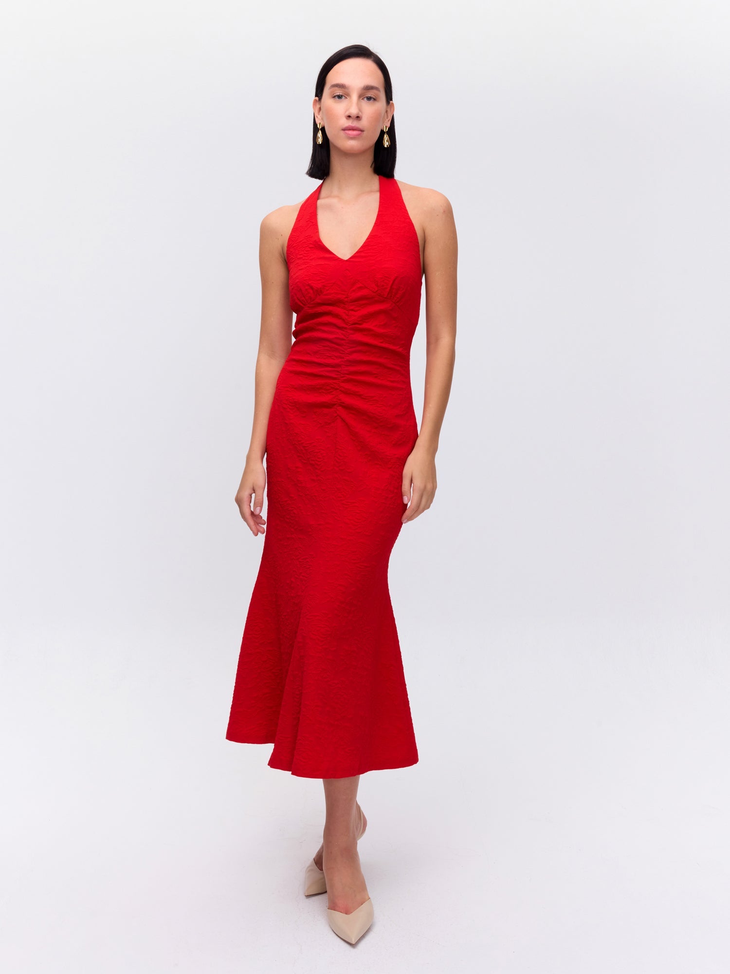 MIOH | PLEASURE DAMASCO - Vestido lazada cuello drap damasco rojo para invitada de boda