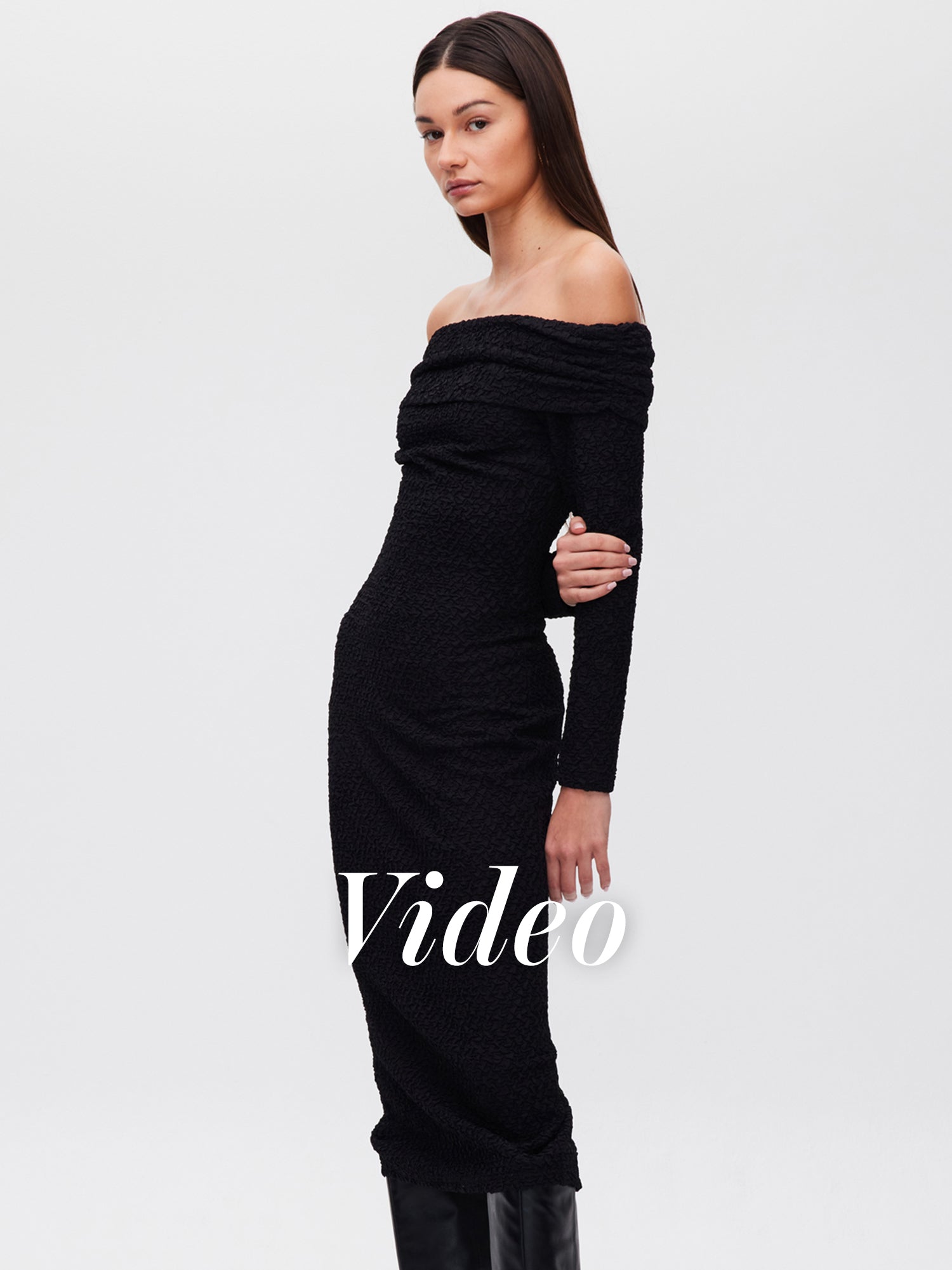 BRIDGE BLACK - Vestido midi bardot negro invitada boda, fiesta y evento