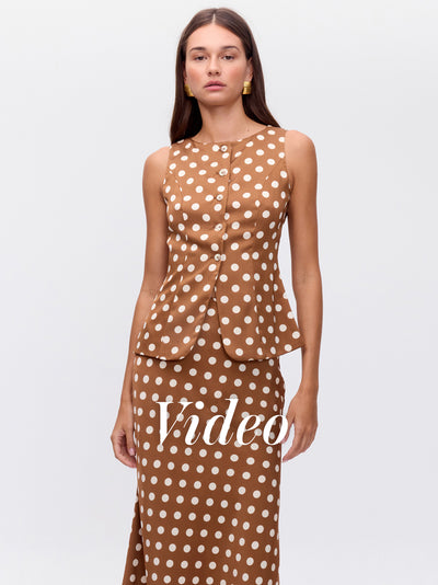 MIOH | MACAO DOTS - Conjunto falda midi y chaleco llunares para invitada de boda