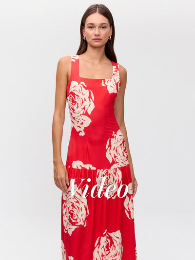 MIOH | NECTAR ROSES - Vestido rojo con volante en falda big roses print para invitada de boda