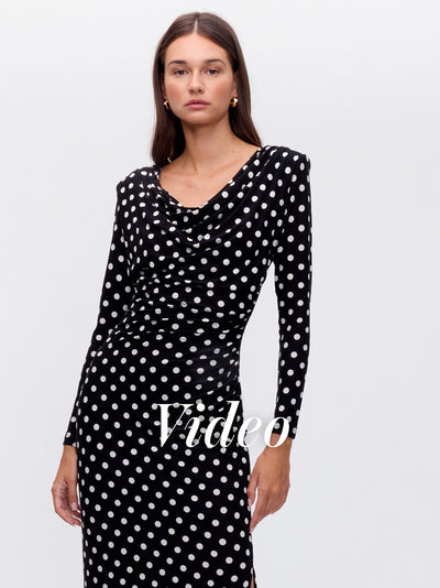 MIOH | OCASO DOTS - Vestido cuello drapeado manga larga lunares para invitada de boda