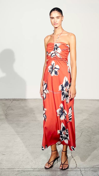 OPHELIA FLOWERS - Vestido estampado flores anudado al cuello midi, para invitadas de boda, fiesta y eventos de primvera y verano. MIOH es la marca que eligen las influencers de España para sus eventos, como bodas y fiestas