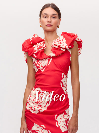 MIOH | PETALO ROSES - Vestido rojo volante escote big roses print para invitada de boda