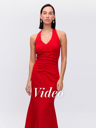 MIOH | PLEASURE DAMASCO - Vestido lazada cuello drap damasco rojo para invitada de boda