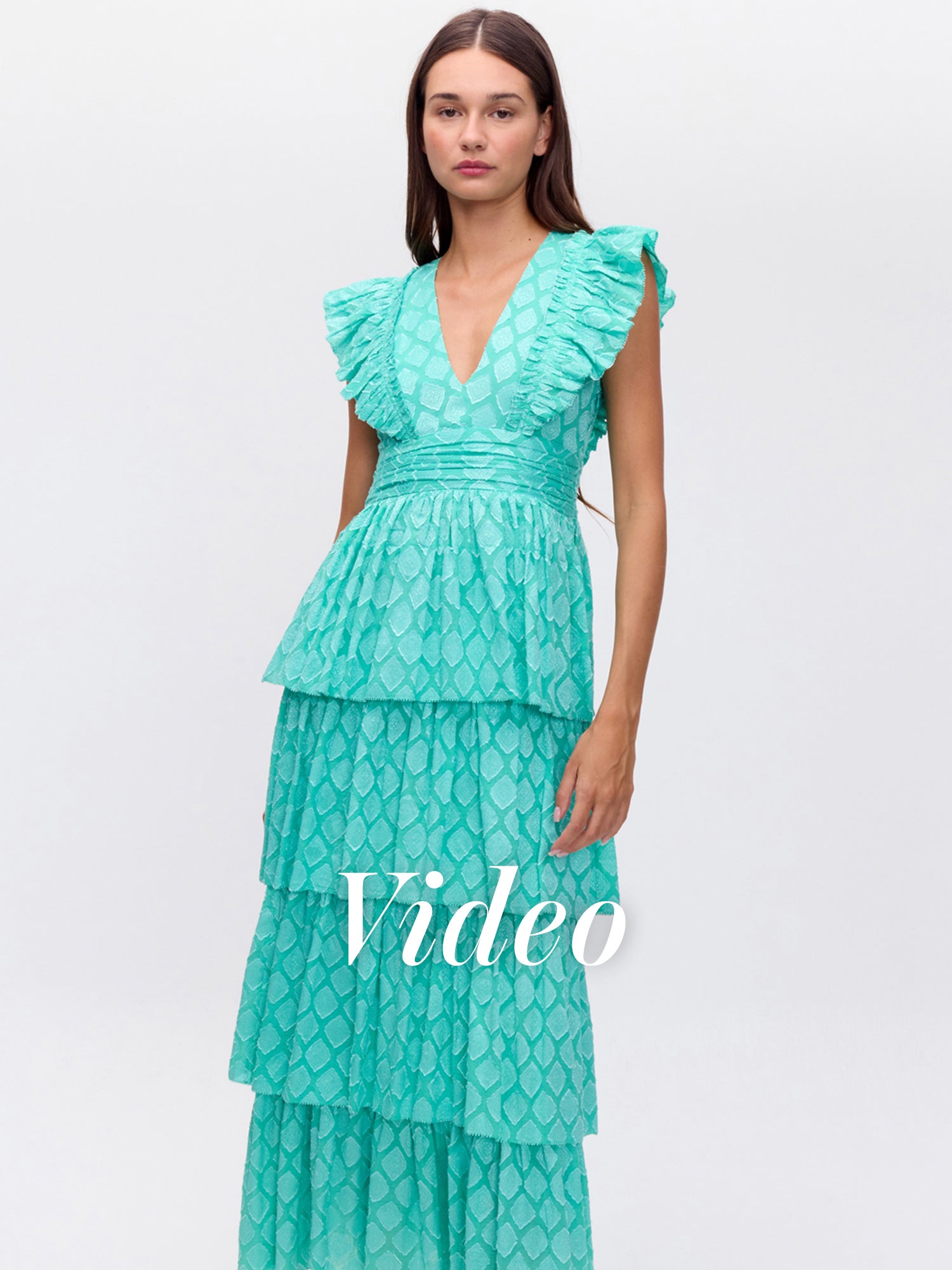 MIOH | WATERFALL DIAMOND - Vestido de volantes falda y escote jacquard verde para invitada de boda