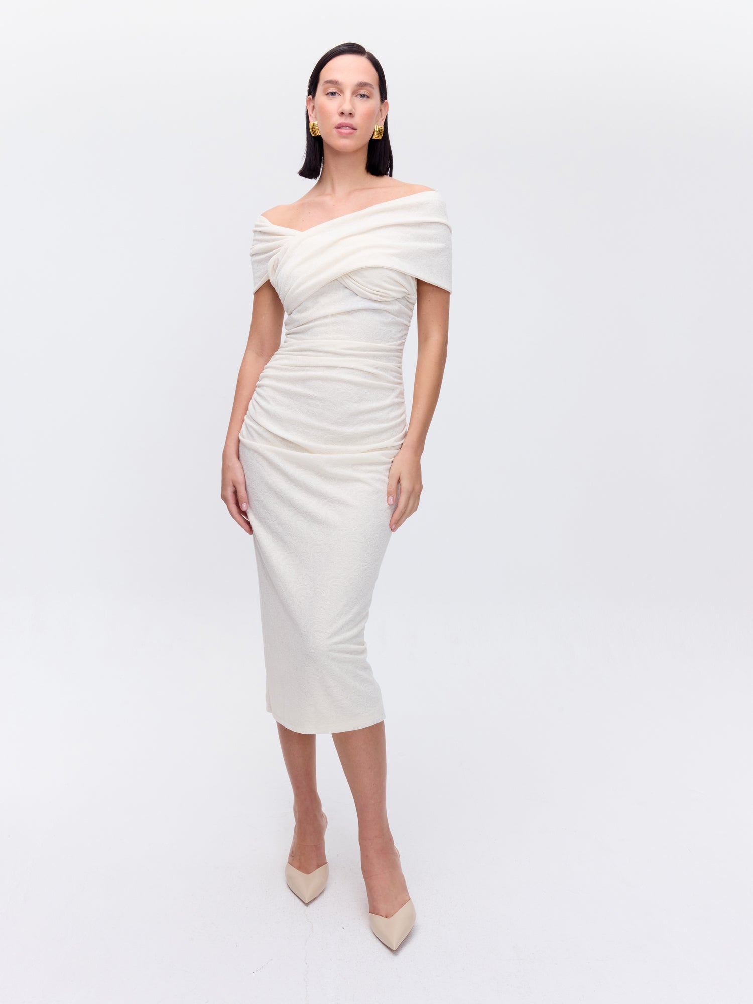 MIOH | SECRETO WHITE - Vestido escote posicional drap blanco para invitada de boda