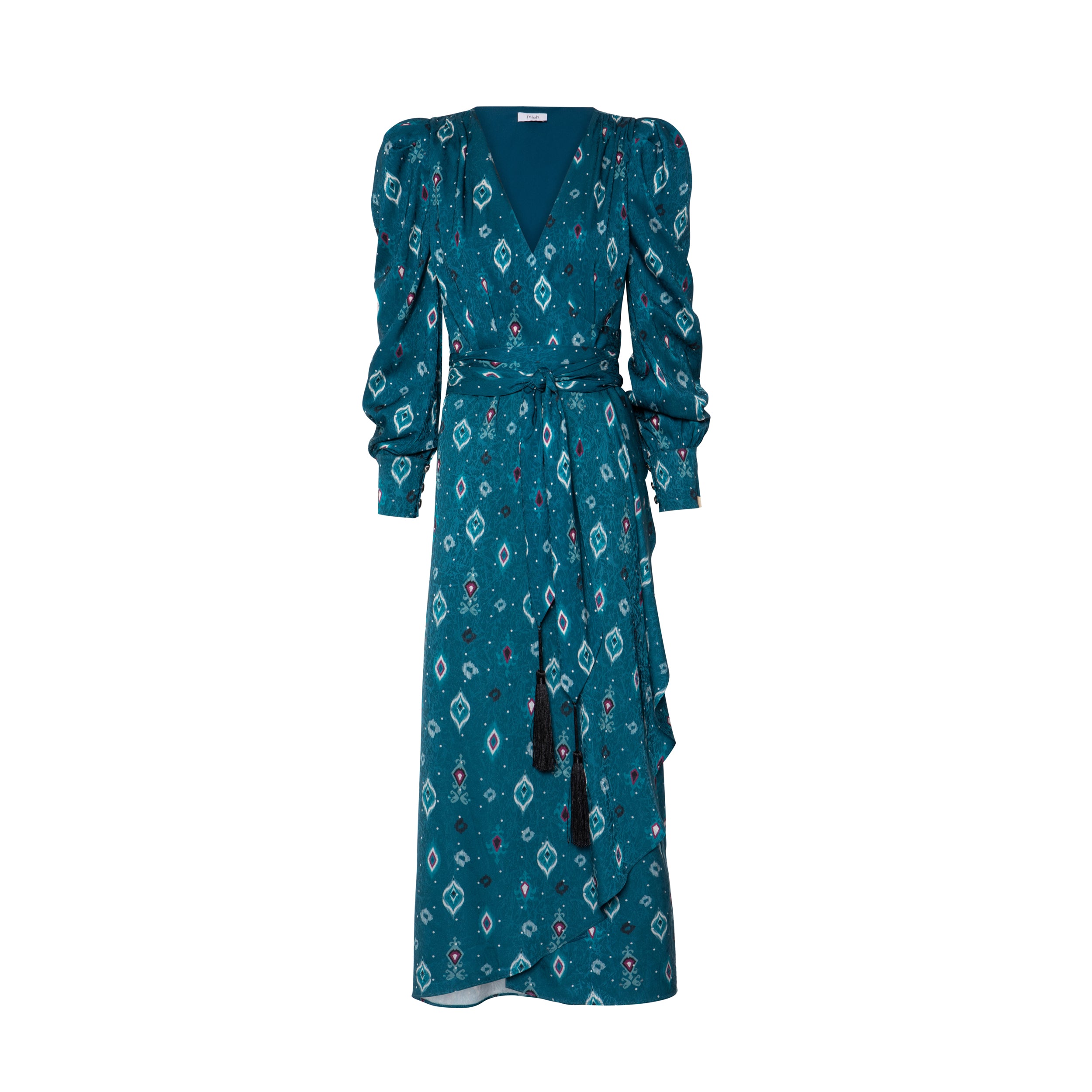 mioh | FOLK ETHNIC - Vestido midi para invitada de boda, fiesta y diario. Te presentamos el FOLK ETHNIC, uno de nuestros clásicos vestidos envolventes wrap en un precioso jacquard con estampado ikat verde. Largura midi, vestido perfecto para diario, pero también para eventos más informales. Tienes que probártelo!